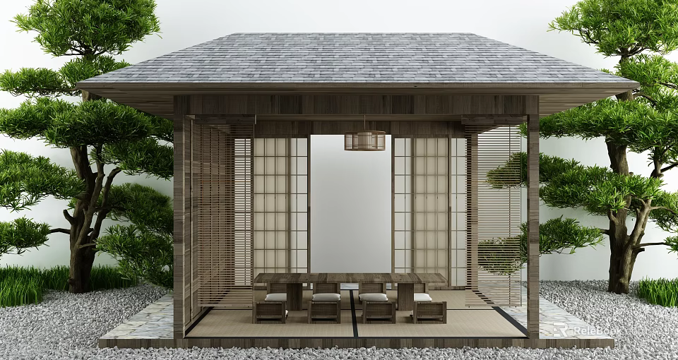 Wooden Japanese Style Gazebo With Gray Roof Green Plants Tables Chairs And Sliding Lattice Doors 3d model 