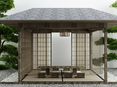 Wooden Japanese Style Gazebo With Gray Roof Green Plants Tables Chairs And Sliding Lattice Doors 3d model