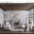 Cozy Christmas Living Room Interior With White Armchairs Wooden Ceiling Large Windows And Fireplace