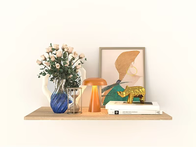 Stylish Decorative Ornament Combination on Wooden Shelf with Blue Vase White Flowers Orange Lamp and Golden Rhino 3d model