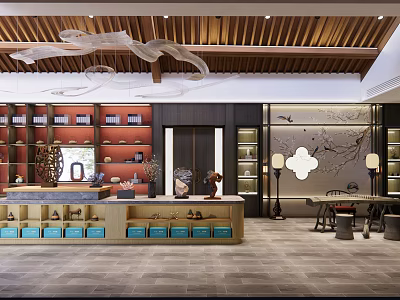Chinese Style Tea Store with Display Shelves Tea Sets and Traditional Decor 3d model