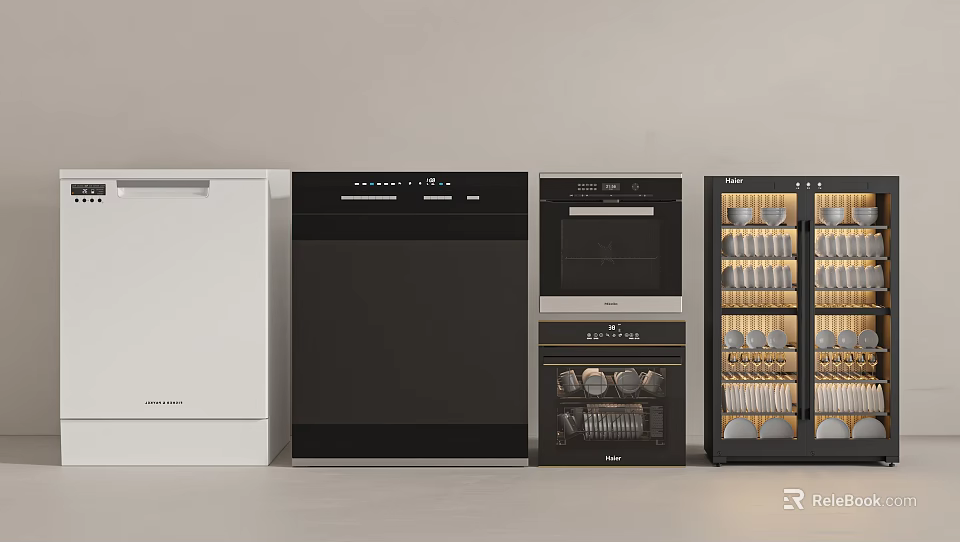 Modern Kitchen Appliances Set Including Dishwasher Oven And Glass Door Sterilizer 3d model 