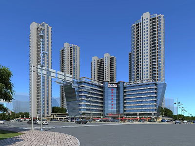 Tall Modern Residential Buildings with Central Commercial Complex Road Vehicles Green Trees and Blue Sky 3d model