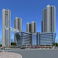 Tall Modern Residential Buildings with Central Commercial Complex Road Vehicles Green Trees and Blue Sky