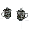 Pair of Traditional Ceramic Teacups with Landscape Painting Design and Lid Handles