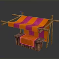 Modern Small Stall Design With Orange Pink Striped Awning And Wooden Frame