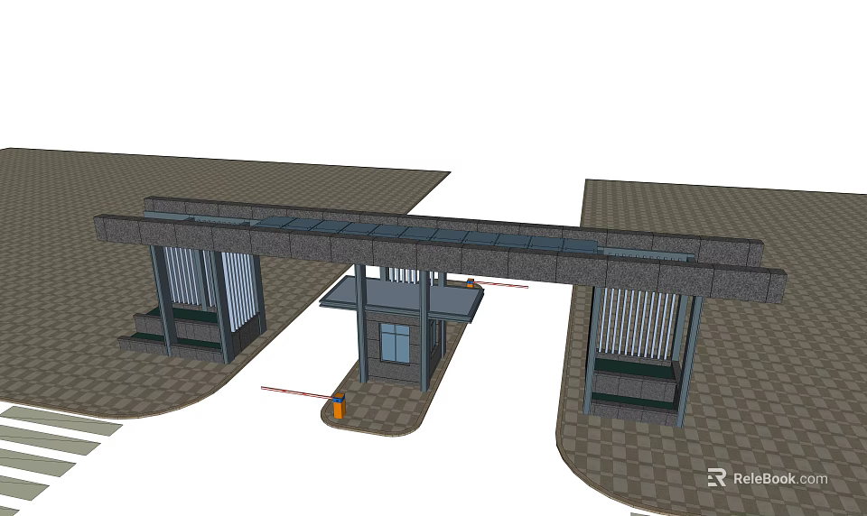 Contemporary Entrance Gate Design Featuring Glass Canopy And Stone Support Columns 3d model 