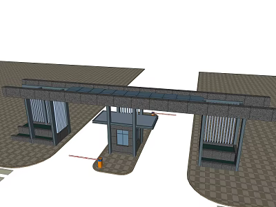 Contemporary Entrance Gate Design Featuring Glass Canopy And Stone Support Columns 3d model