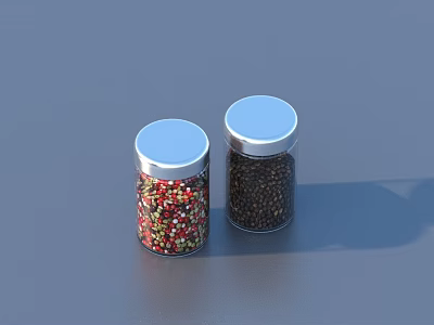 Transparent Glass Spice Jars With Silver Lids Containing Mixed And Black Granules 3d model