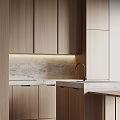 Modern Minimalist Kitchen Interior With Wooden Cabinets And Stone Countertop Lighting