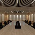 Modern Conference Room Interior with Long Table Black Chairs Wooden Walls and Linear Lights