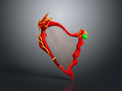 Red Harp Shaped Equipment With Golden Accents And Green Gemstone Detail 3d model