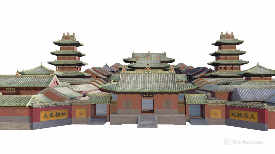 Ancient Chinese Architectural Complex With Pagodas Traditional Roofs Red Walls And Courtyards 3d model 