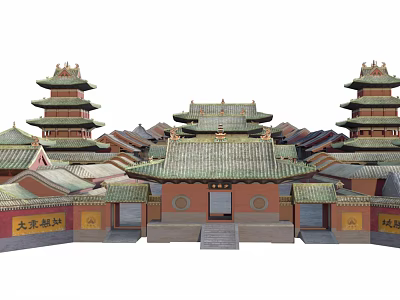 Ancient Chinese Architectural Complex With Pagodas Traditional Roofs Red Walls And Courtyards 3d model
