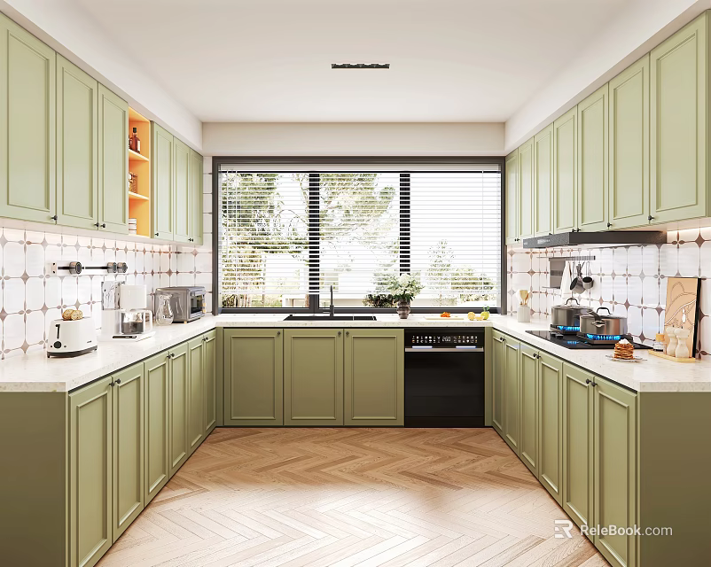 Light Green Kitchen Interior With White Countertops Cabinets Window And Herringbone Floor 3d model