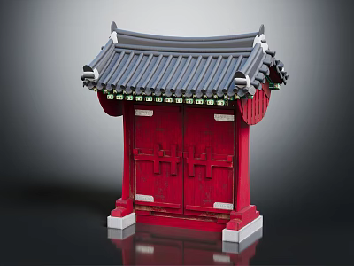 Traditional Chinese Gate Structure With Red Doors Grey Tile Roof And White Base 3d model