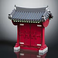 Traditional Chinese Gate Structure With Red Doors Grey Tile Roof And White Base
