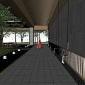 Modern Garden Landscape with Water Feature Green Plants and Glass Corridor near High Rise Building