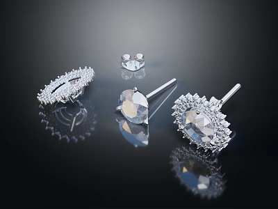 Elegant Diamond Jewelry Collection Featuring Sparkling Silver Earrings And Pendant With Shiny Gemstone Design 3d model