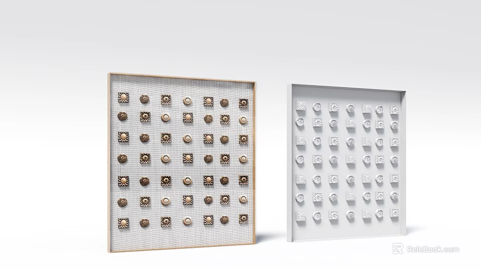 Modern Grid Pattern Wall Decor With Gold And White Decorative Elements 3d model 