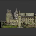 Detailed Ancient Castle Architecture Model Featuring Towers Stone Walls and Green Grass