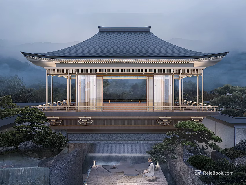 Traditional Style Pavilion with Black Tile Roof Pond and Scenic Mountain Landscape 3d model 