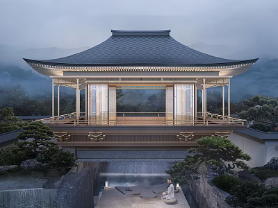 Traditional Style Pavilion with Black Tile Roof Pond and Scenic Mountain Landscape 3d model