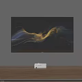 Wall Mounted TV Displaying Abstract Flowing Gold Blue Lines With Wooden Stand And White Device