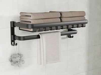 Bathroom Wall Mounted Black Towel Rack With Gray Towels White Bath Towel And Bath Sponge 3d model
