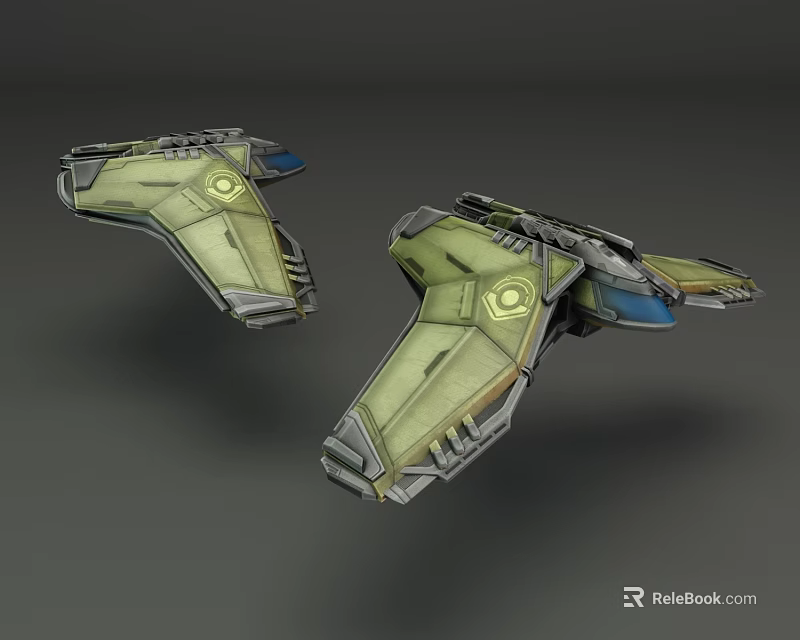 Two Green Sci Fi Spacecraft With Mechanical Details And Winged Structure 3d model
