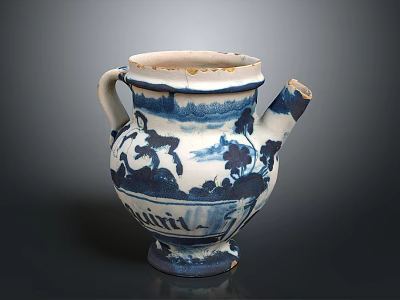 Traditional Blue And White Ceramic Teapot With Landscape Floral Motifs Handle Spout And Base 3d model