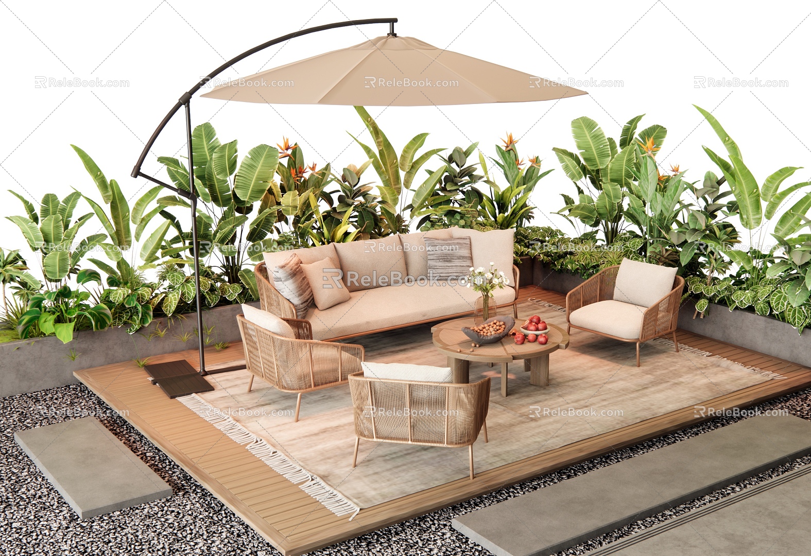 Outdoor Sofa Woven Leisure Sofa Leisure Chair Plant Combination Plant Flower Pond 3d model