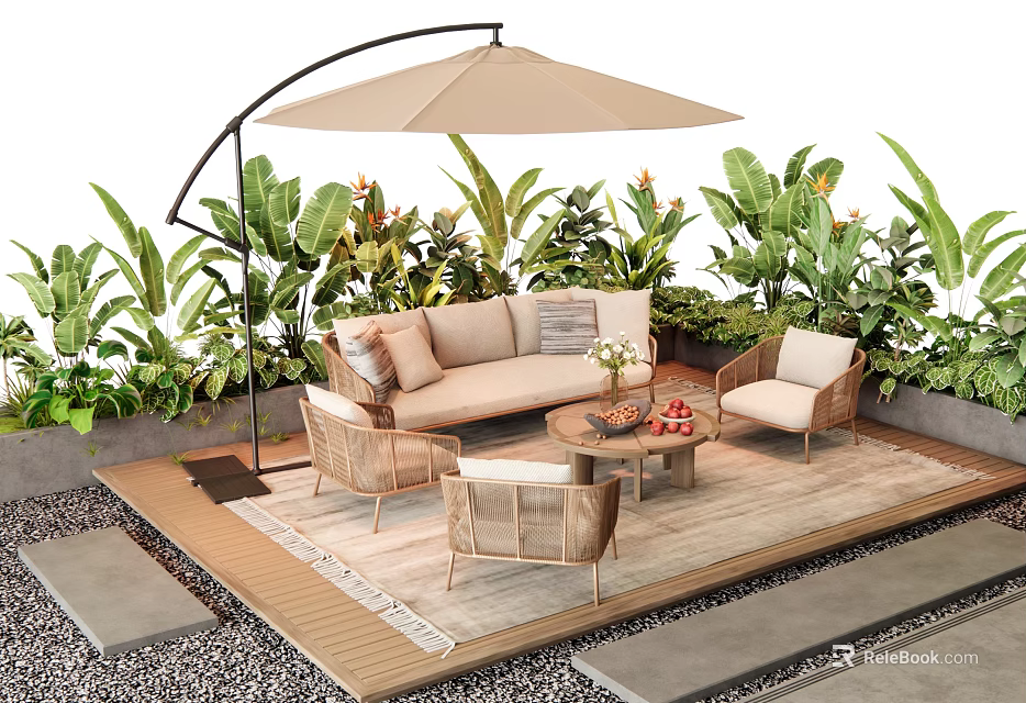 Outdoor Sofa Set With Rattan Chairs Coffee Table And Greenery Under Umbrella On Patio 3d model 