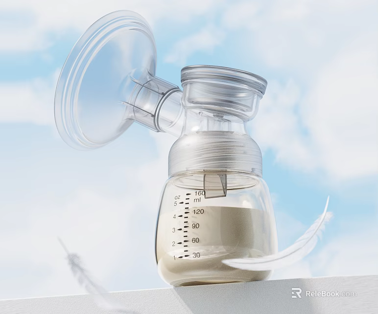 Transparent Ceramic Baby Bottle With Measurement Scale And Milk Against Blue Sky White Clouds Background 3d model 