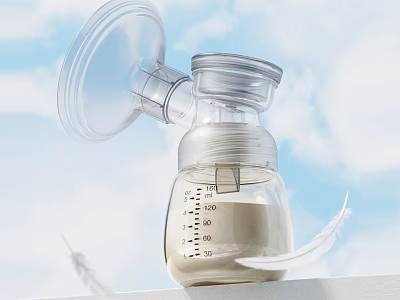 Transparent Ceramic Baby Bottle With Measurement Scale And Milk Against Blue Sky White Clouds Background 3d model