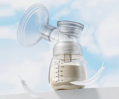 Transparent Ceramic Baby Bottle With Measurement Scale And Milk Against Blue Sky White Clouds Background 3d model
