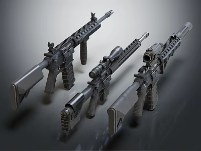 Three Modern Tactical Rifles With Scope Attachments And Military Design 3d model