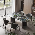 Modern Luxury Natural Marble Dining Table Set With Stylish Comfortable Upholstered Fabric Dining Chairs