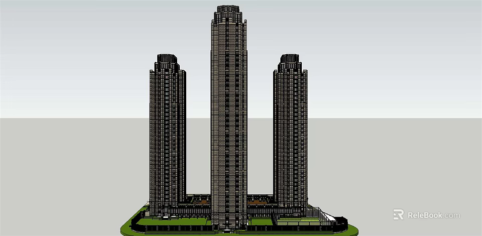 Contemporary High Rise Office Buildings With Three Towers And Green Landscaped Area 3d model 