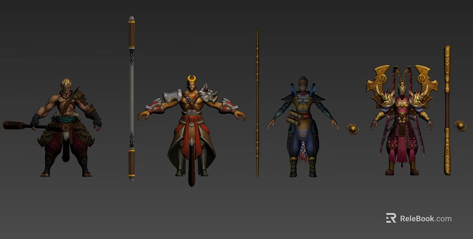 Ancient Style Landscape Sculptures Of Warriors With Armor Weapons And Decorative Elements 3d model