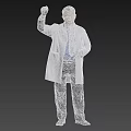 Male Doctor In White Coat With Stethoscope And ID Badge Raising Hand Against Gray Background