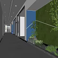 Modern Office Corridor with White Walls Blue Accent Wall Green Plants and Ceiling Lighting