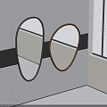 Two Oval Mirrors With Black And Brown Frames On White Wall With Black Accent Stripes