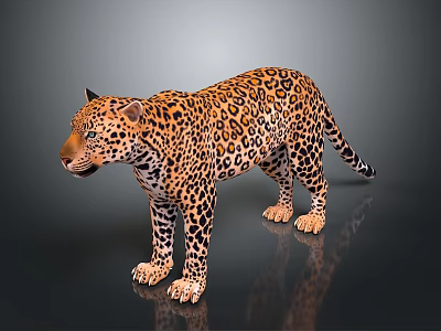 Realistic Leopard With Spotted Fur Standing On Shiny Surface Against Dark Background 3d model