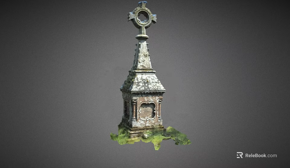 Ancient Stone Landscape Sculpture With Cross On Top And Mossy Base 3d model 
