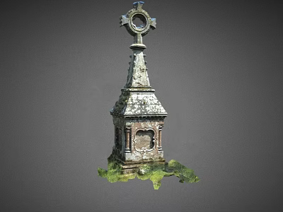 Ancient Stone Landscape Sculpture With Cross On Top And Mossy Base 3d model