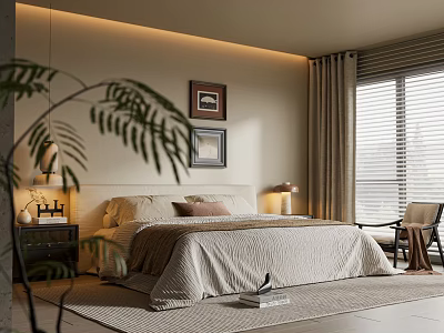 Cozy Bedroom Interior Design With Bedside Lamps Framed Pictures Curtains And Window Blinds 3d model