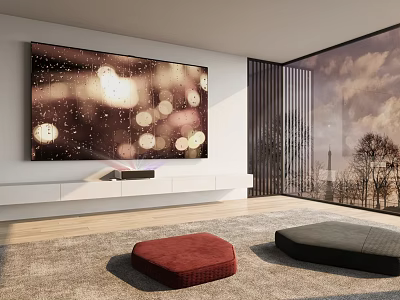 Large Wall Mounted TV In Modern Living Room With Window View And Ottomans 3d model