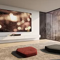 Large Wall Mounted TV In Modern Living Room With Window View And Ottomans