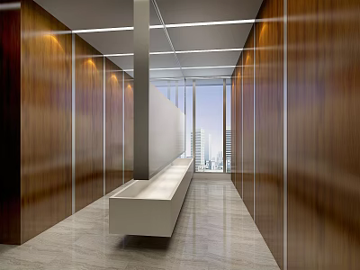 Modern Public Restroom Featuring Wooden Walls Marble Flooring White Sink Counter Large Windows City View 3d model